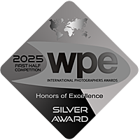 A row of photography award logos and badges in grayscale, including WPE and Silver awards.