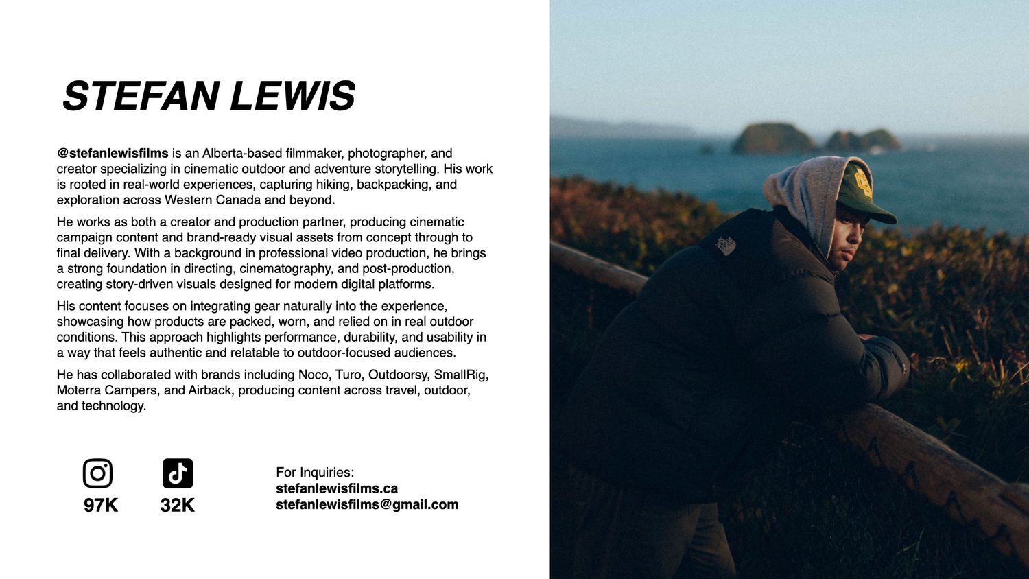 Professional website header layout featuring a minimalist design with contact information and coastal landscape photography.