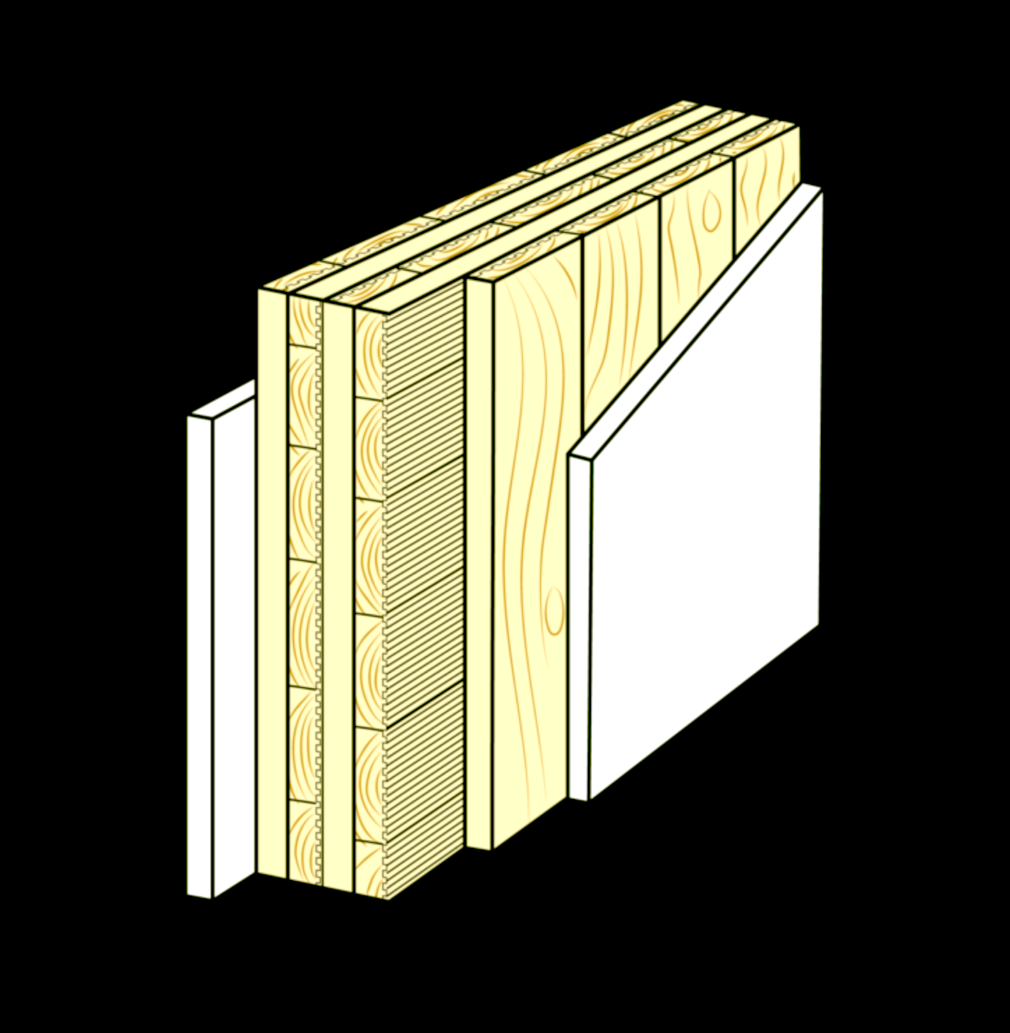 Architectural diagram showing progressive stages of wall construction with insulation and framing components.