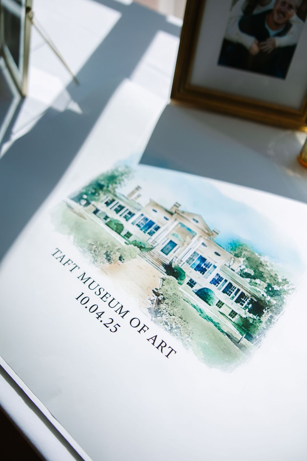 A series of watercolor architectural illustrations showing a white house fading into focus across multiple frames.
