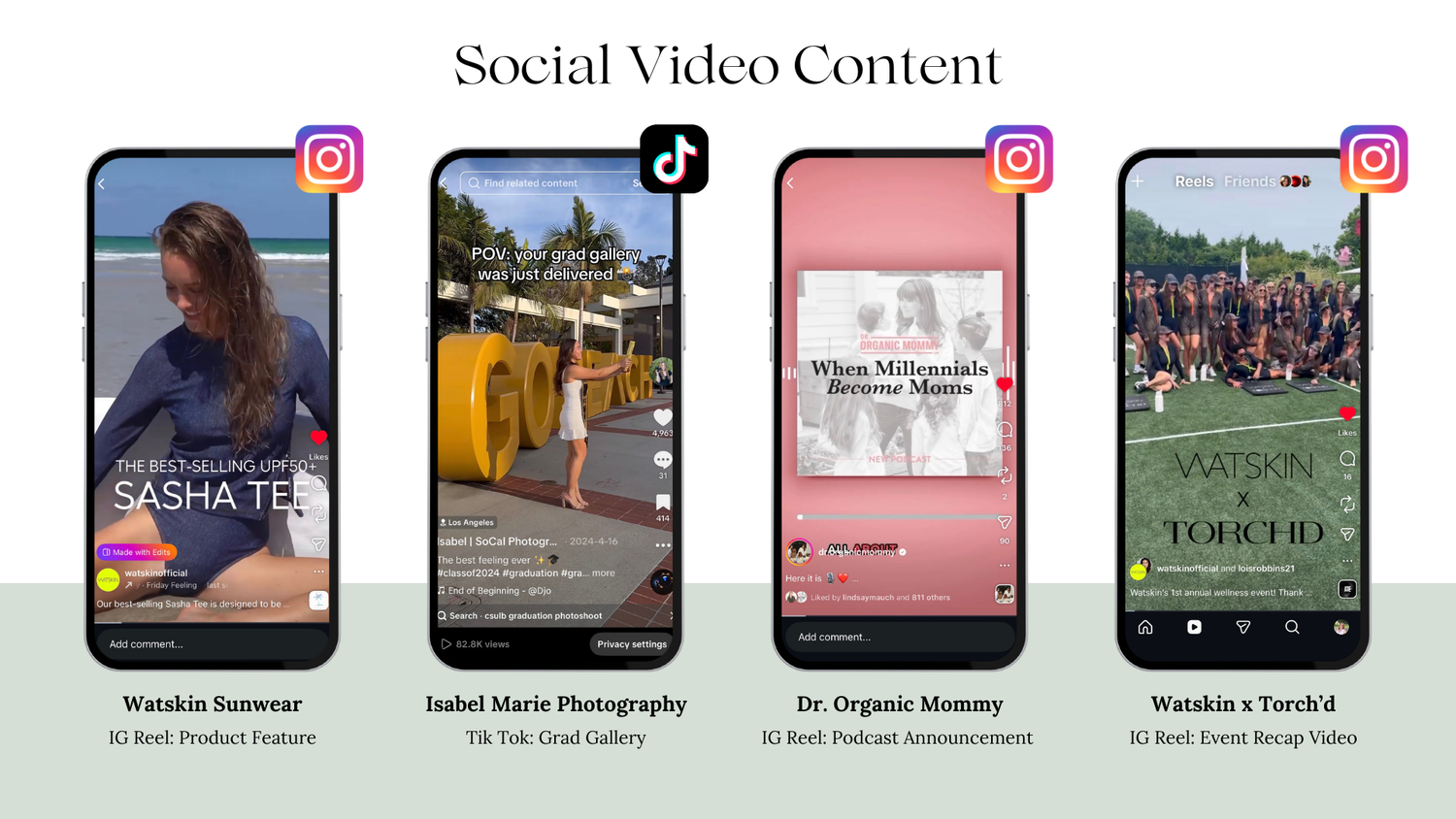 A horizontal row of social media video thumbnails showing various content creators and lifestyle scenes in a grid layout.