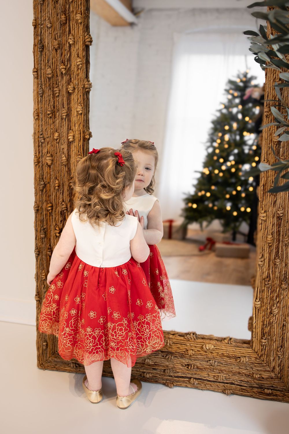 A decorative gold frame sits in front of a Christmas tree with holiday decor visible in the background.