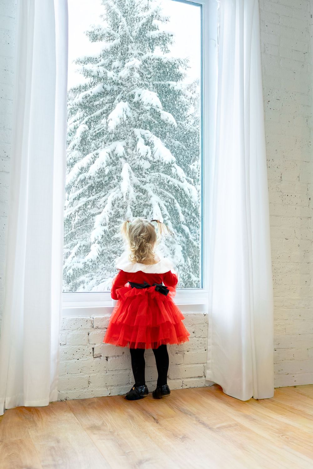 Snowy evergreen trees visible through large windows in a bright white room with hardwood flooring.