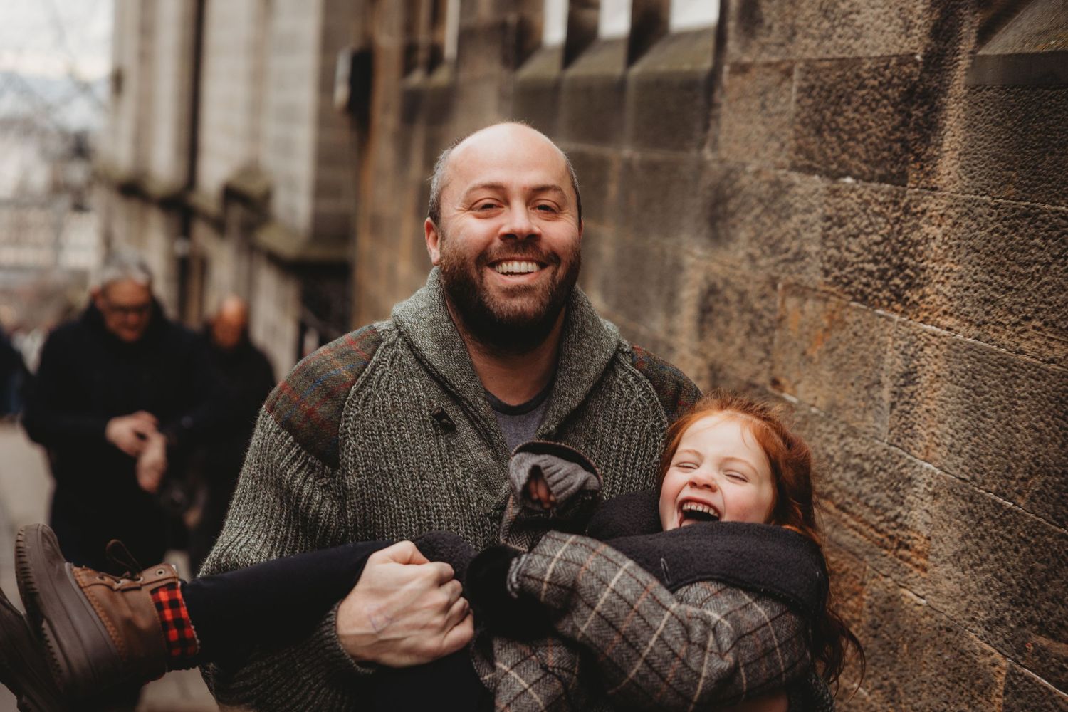 Four candid photos show joyful moments and laughter between people in casual settings.