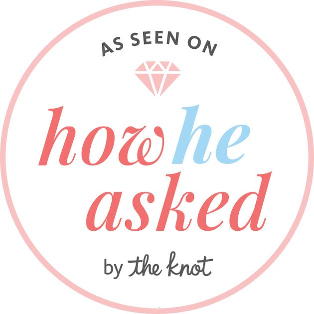 Pink circular badge reading As Seen On How He Asked by The Knot.