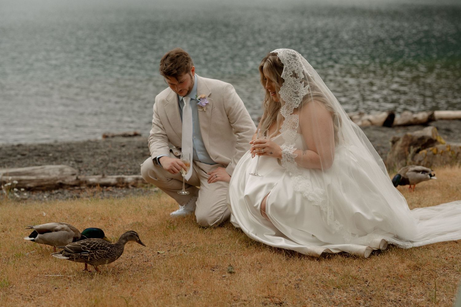 Bride and groom in wedding attire crouching by a lakeside feeding ducks on their wedding day.