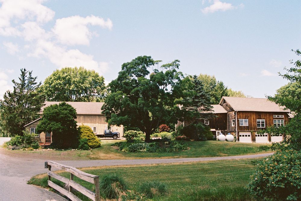 Rural farmhouse surrounded by lush green trees and manicured lawn on a sunny day.
