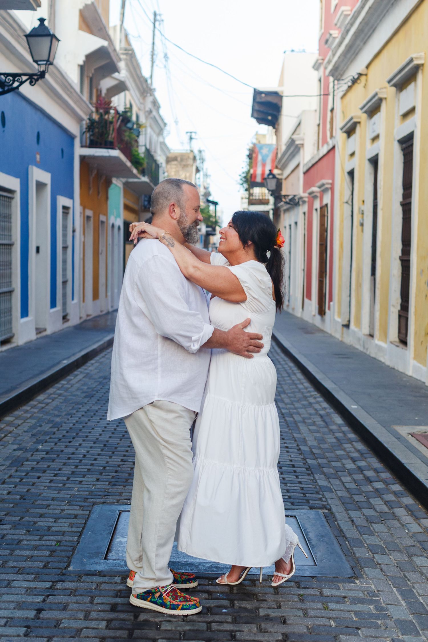 Wedding portrait. Colorful street in Old San Juan, Puerto Rico.