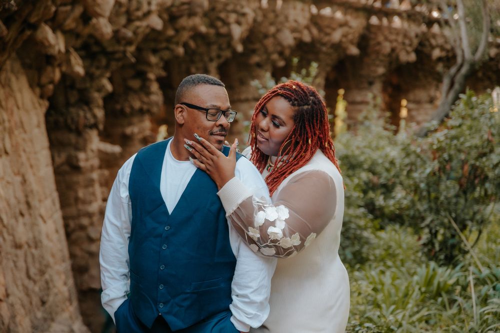 Loving embrace on Park Güell terrace Barcelona Anniversary photoshoot Barcelona BarcelonaLoversPH