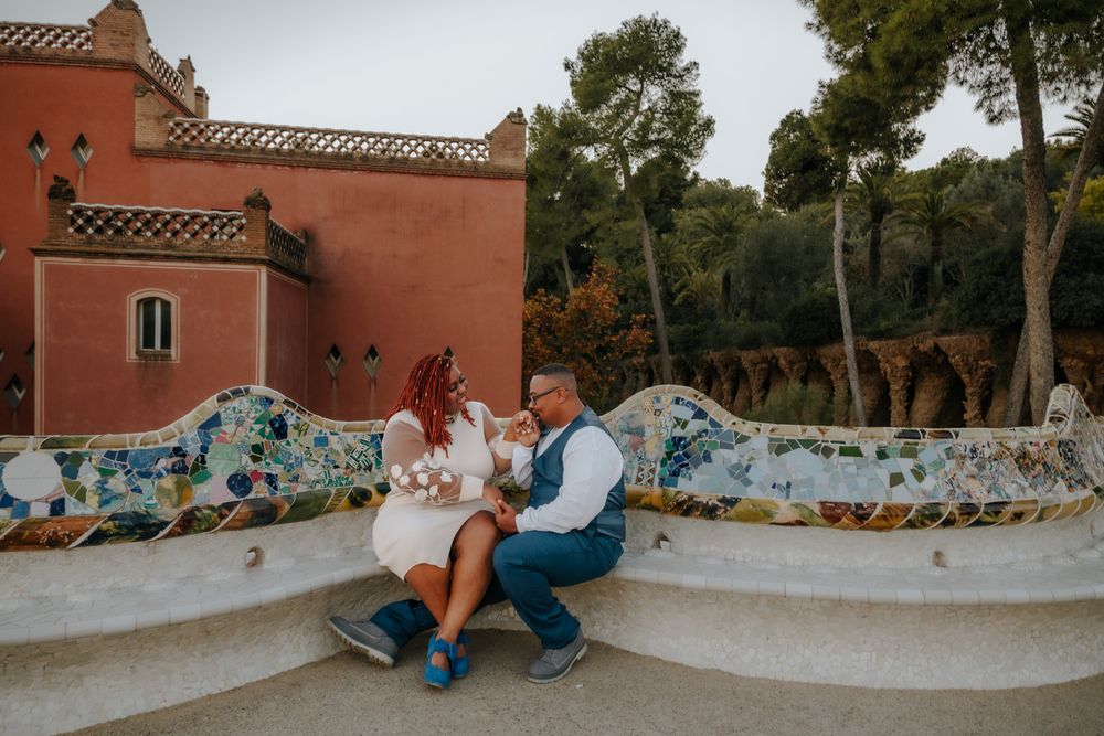 Playful laughter walking through Park Güell gardens Anniversary photoshoot Barcelona BarcelonaLoversPH