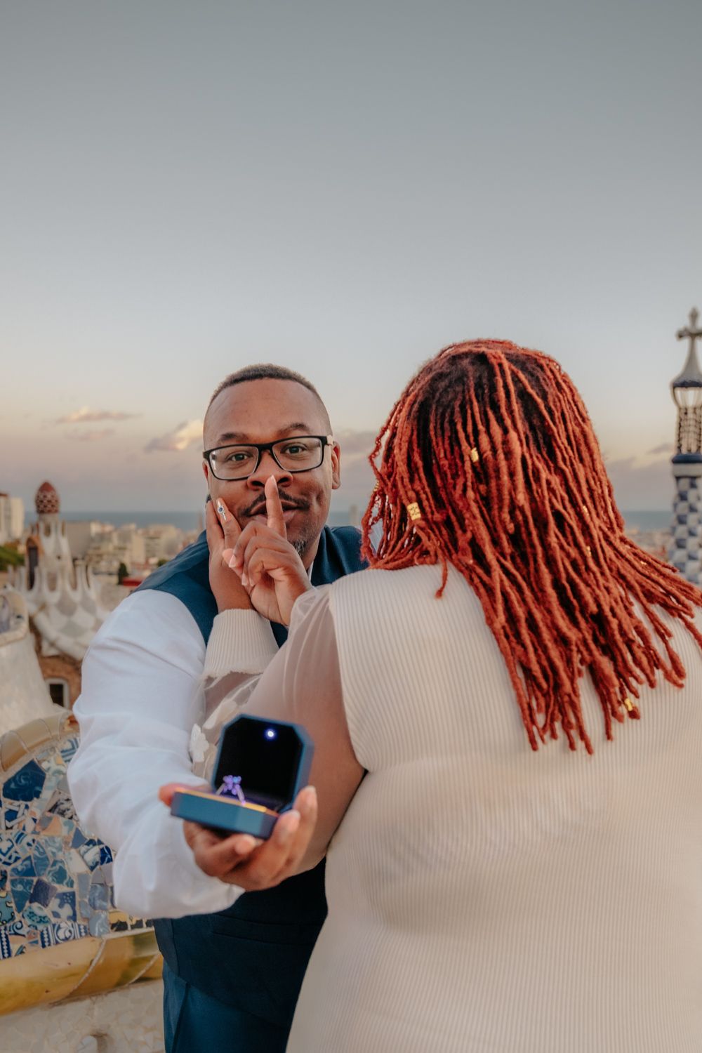 Excited reaction opening ring box Park Güell Barcelona Anniversary photoshoot Barcelona BarcelonaLoversPH