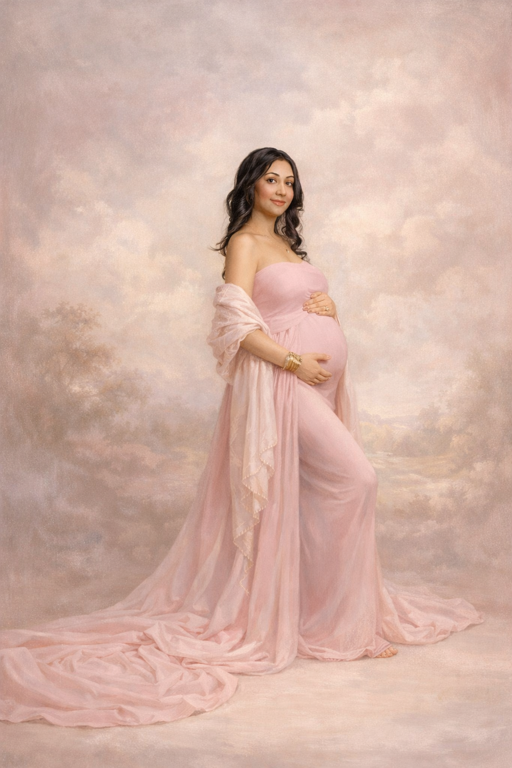 Pregnant woman in flowing pink chiffon gown posing gracefully against a soft pastel painted backdrop.