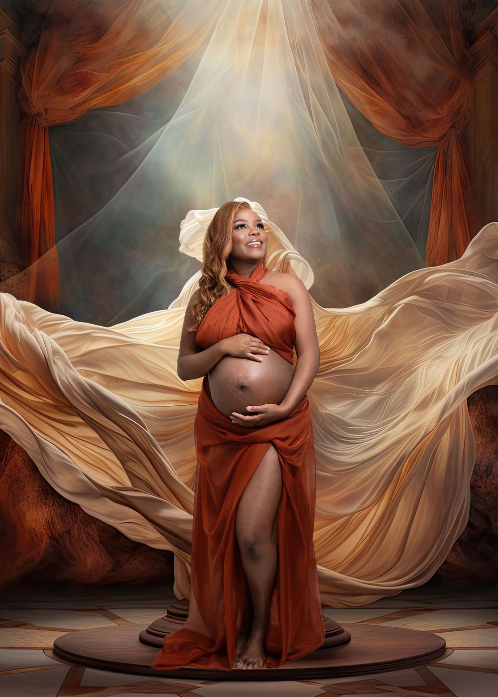 Artistic maternity photo with flowing orange and beige fabric in dramatic lighting with stage curtains.