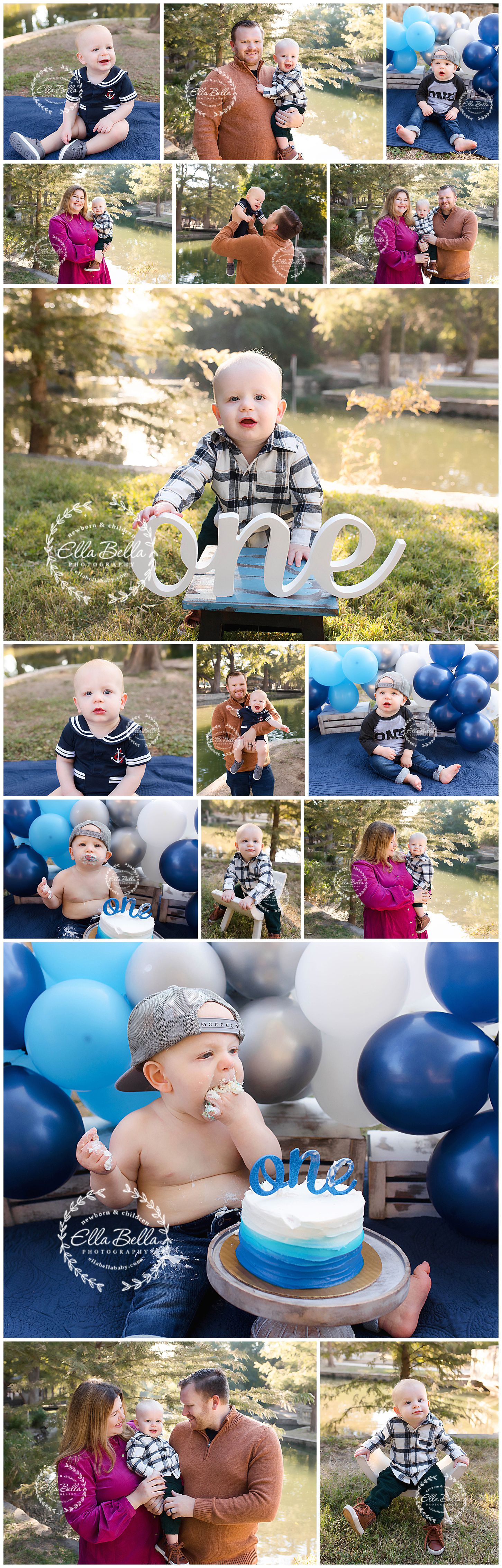First birthday photo session outdoors with blue balloons and rustic decorations.
