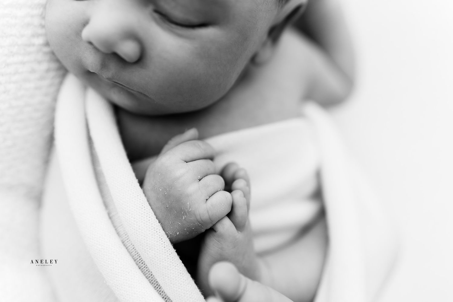 Close-up black and white portrait of newborn's tiny hand and face.