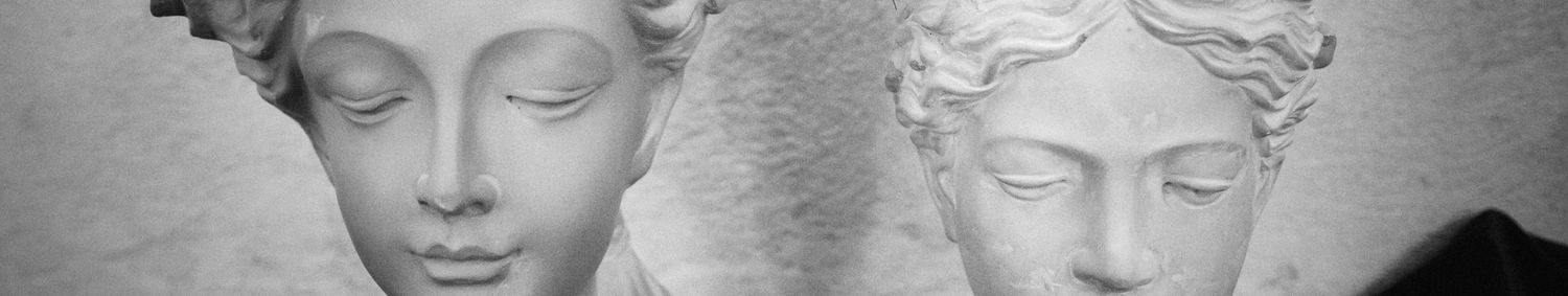 Black and white classical sculptural busts side by side.