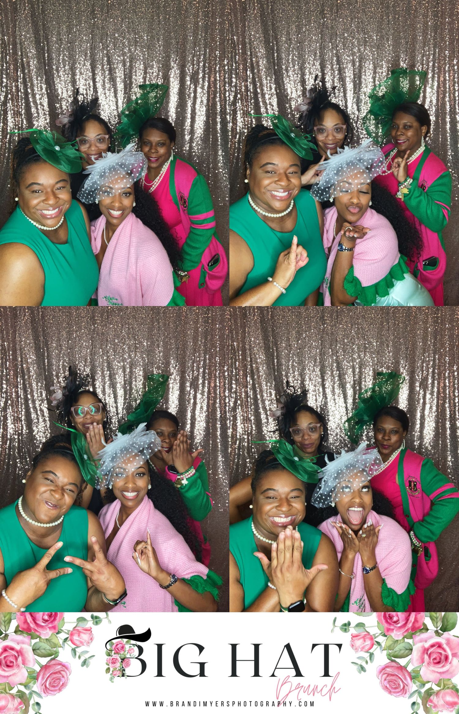 A fun photo booth series with friends wearing green and pink outfits against a sparkly backdrop.