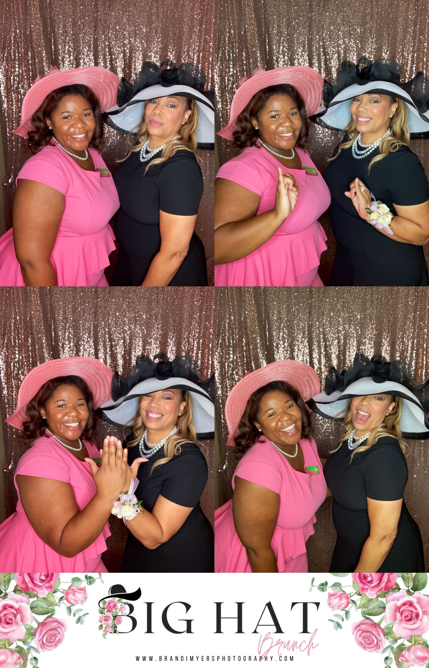 Photo booth shots of friends wearing fancy hats and striking playful poses against a sequined background.
