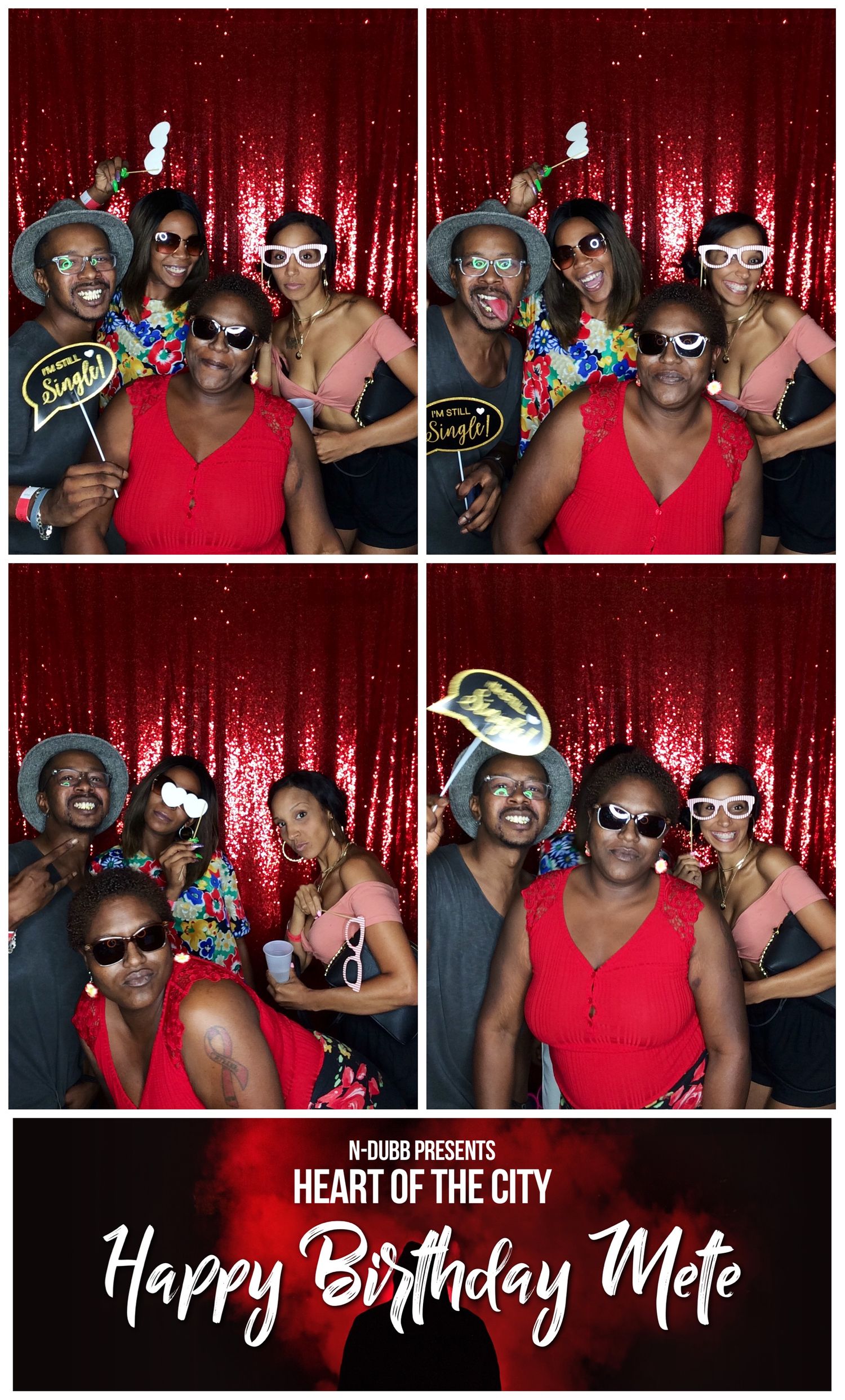 Birthday party photo booth strip with group wearing 3D glasses against red sparkly backdrop.