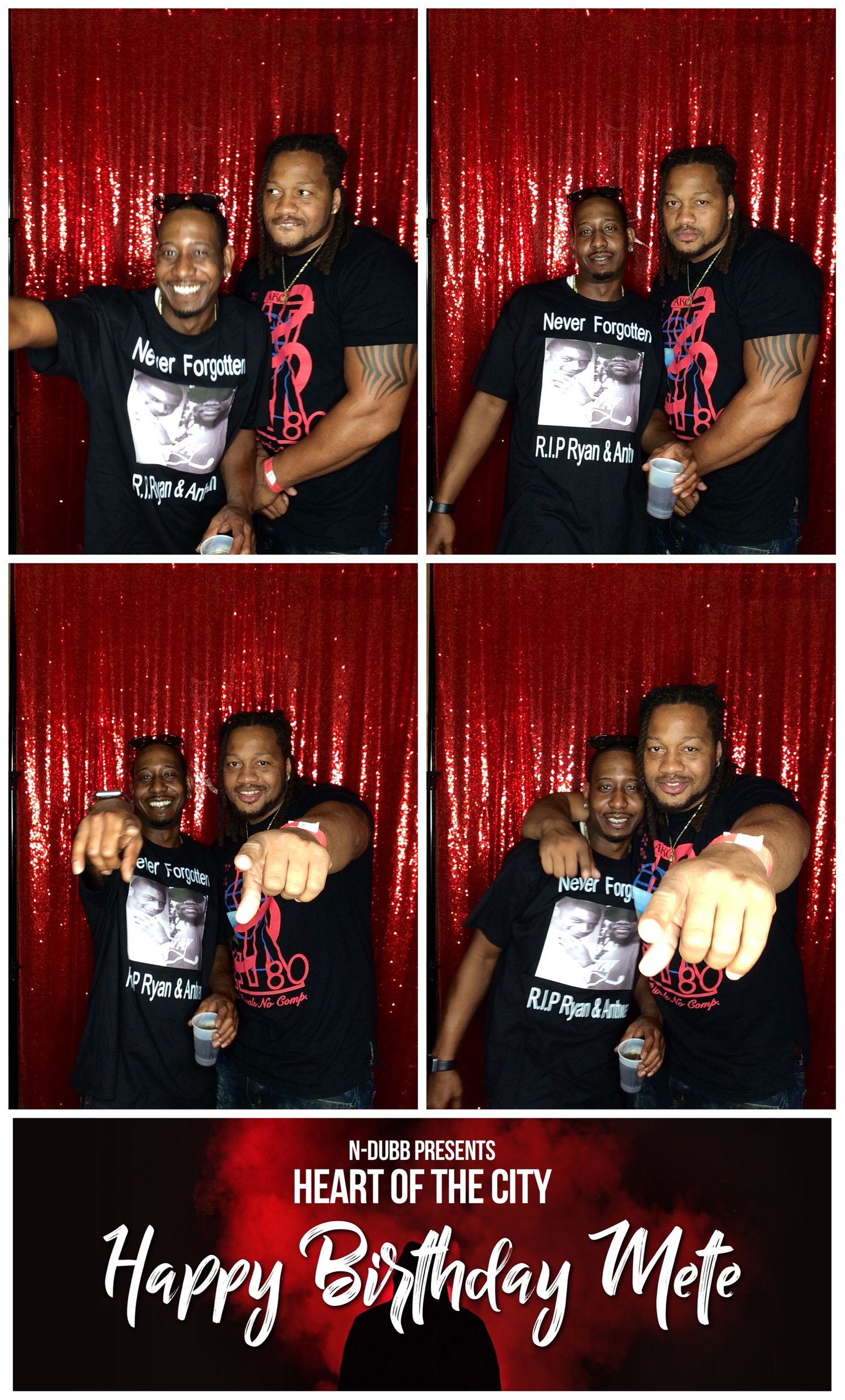 Birthday celebration photo booth strip with friends in black shirts against red sequin backdrop.