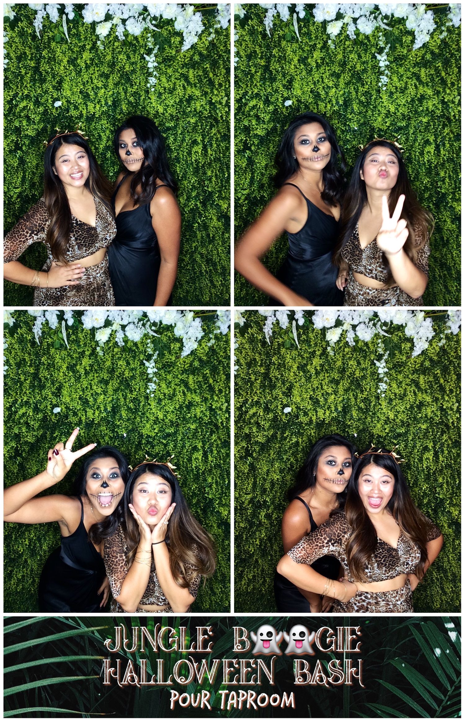 Halloween party photo booth photos of friends posing playfully against leaf wall backdrop.
