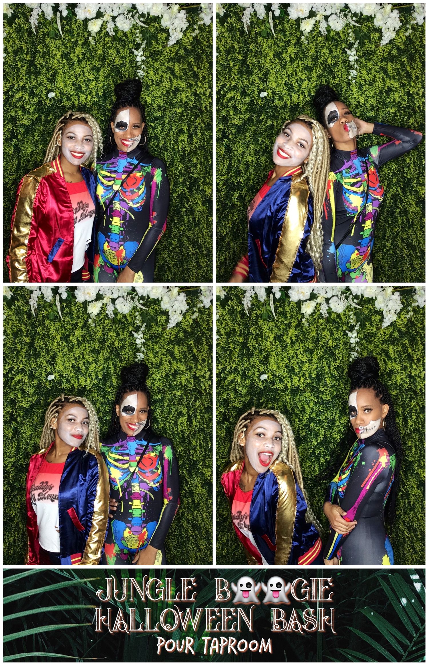 Halloween party photo booth strip with colorful outfits against green foliage wall backdrop.