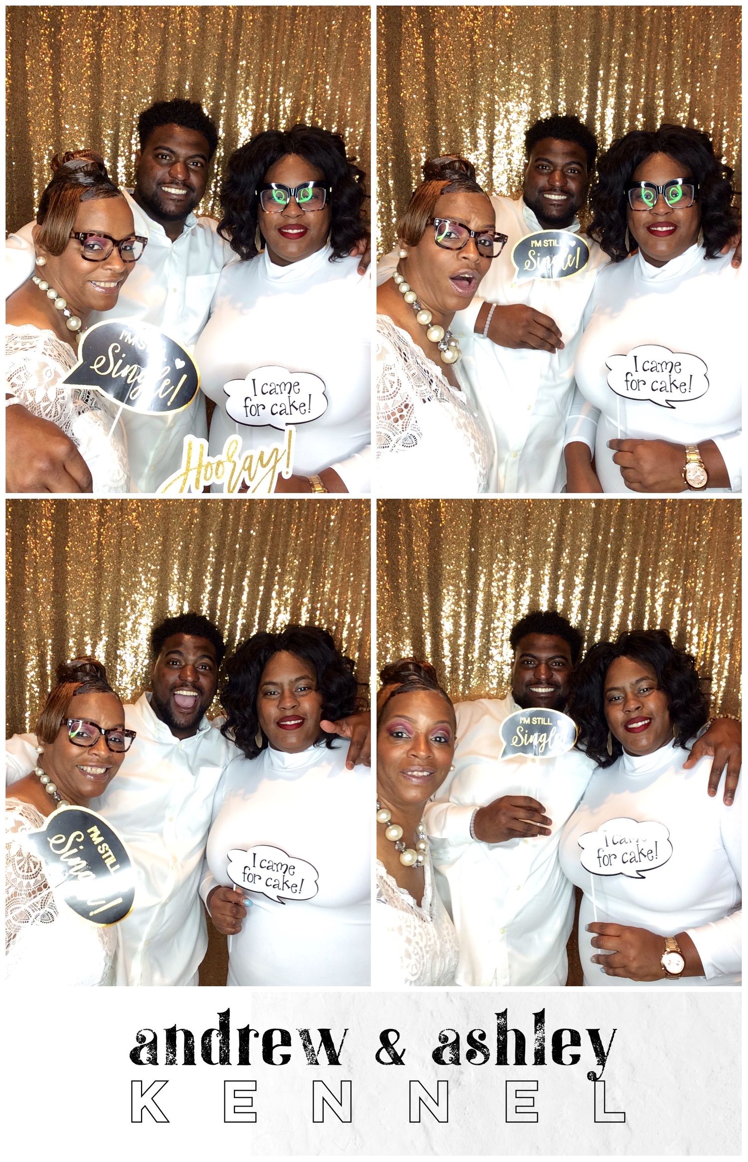 A group poses in white outfits against a gold sequin backdrop in a photo booth strip.
