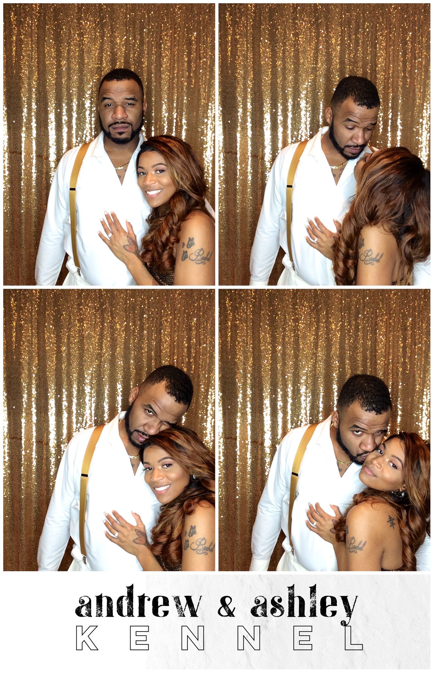 A couple poses together in a photo booth with a gold sequin backdrop.