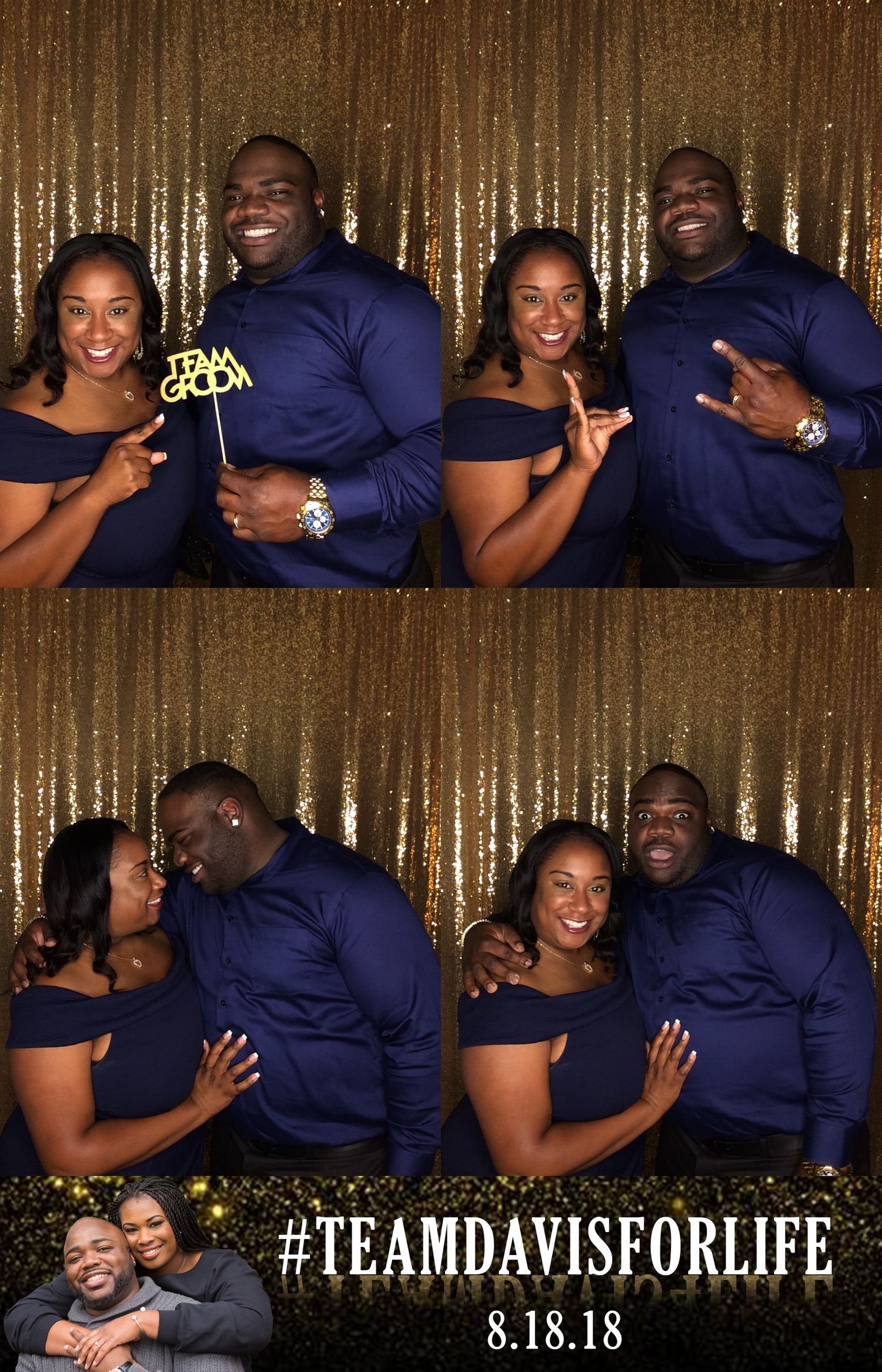 Wedding photo booth strip with couple in navy outfits against gold backdrop with TeamDavisForLife hashtag.