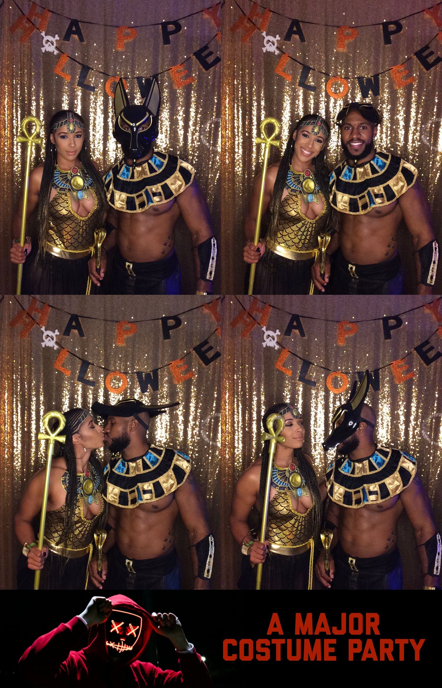 Photo booth strip showing party guests in Egyptian and golden costumes against a sparkly backdrop at a costume party.