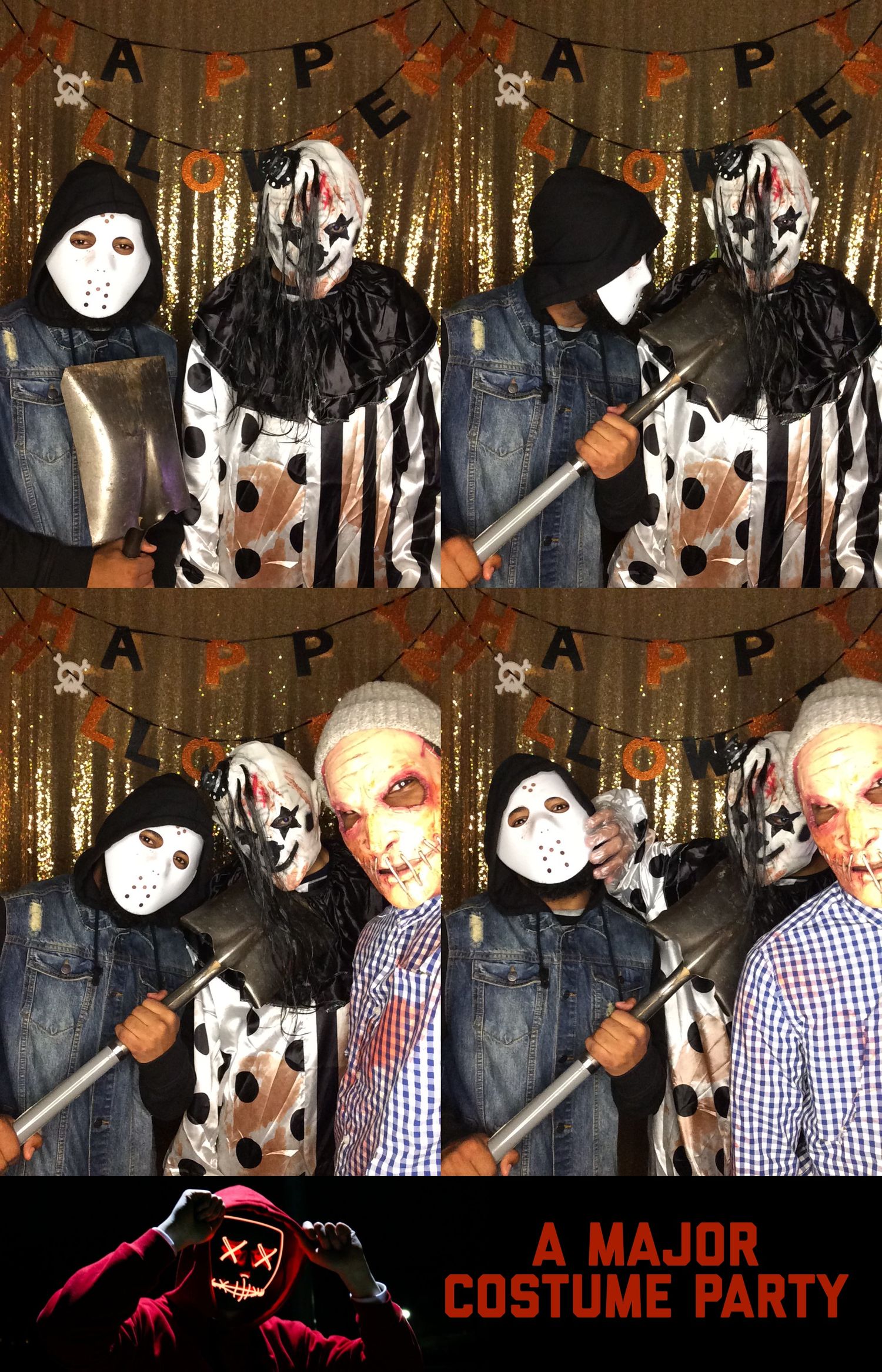 Photo booth strip featuring spooky Halloween costumes with masks and horror-themed props against a gold backdrop.