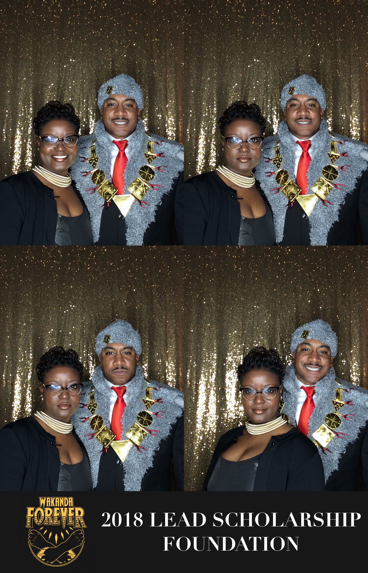 Photo booth strip from a scholarship foundation event featuring formal attire against a sparkly gold backdrop.
