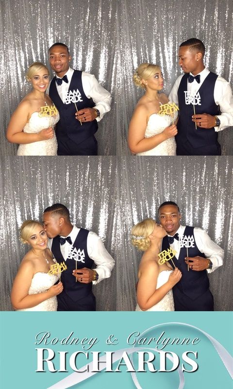 Wedding photo booth series with couple in formal attire against silver sequin backdrop.