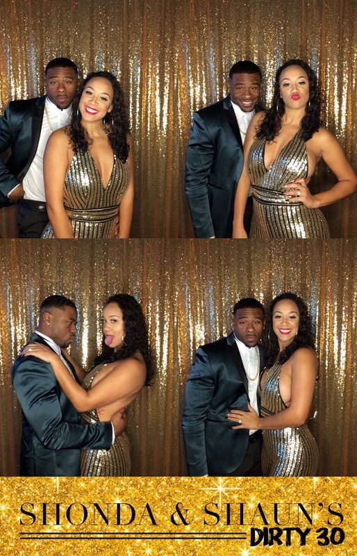 Photo booth strip capturing glamorous formal party moments with guests in evening wear against a gold backdrop.