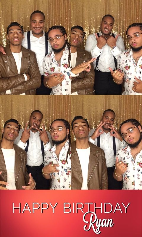 Birthday photo booth strip showing group of friends in dressy attire against gold backdrop.