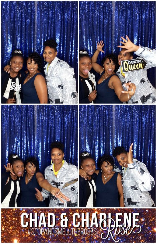 Fun photo booth series showing wedding guests posing with props against blue sequin backdrop.