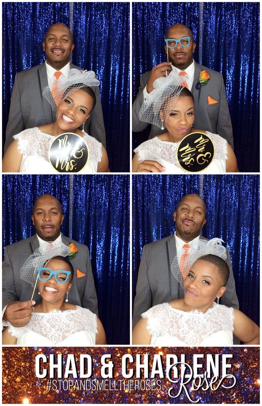 Wedding photo booth series with couple in grey suits and white dress against sparkly blue backdrop.