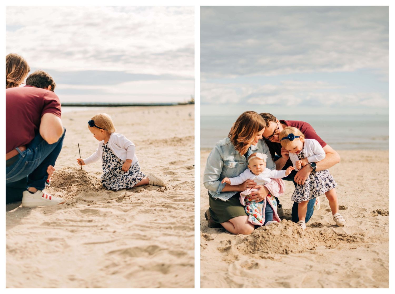 two images of mother, father, and two little girls playing in the sand at the beach