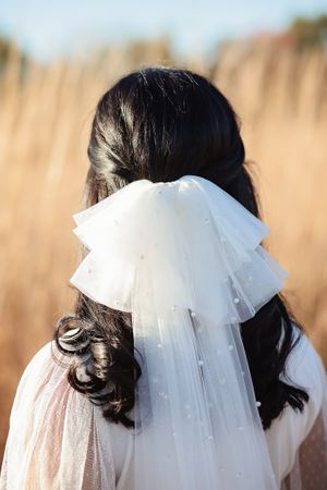 Back view of a bride wearing a layered white tulle pearl-embellished bow veil in a golden field.