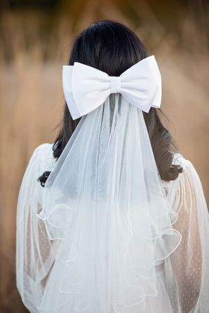 Back view of a bride with dark hair adorned with a white satin bow and dotted tulle veil in a field.