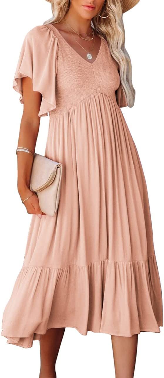 V Neck Short Flutter Sleeve Solid Smocked Ruffle Midi Tiered Dress