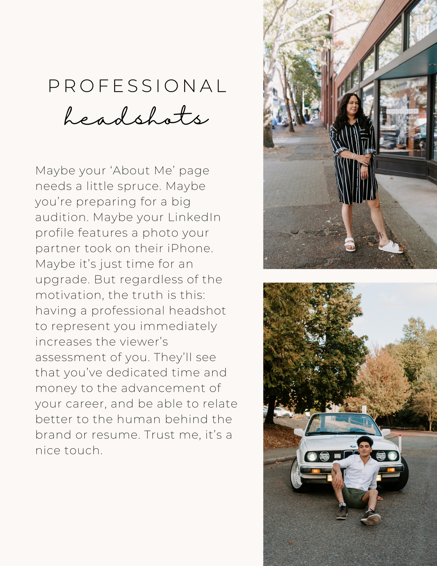 Professional photography website layout showing portfolio examples and text.