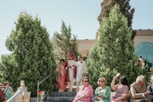 Outdoor wedding celebration with guests seated on steps among evergreen trees.