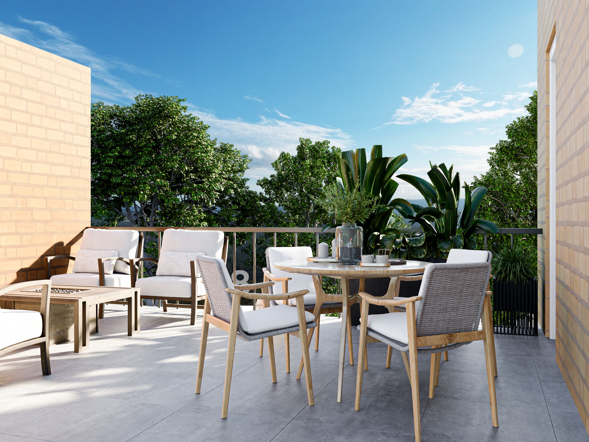 Outdoor patio space with modern furniture and landscaping under bright blue sky.