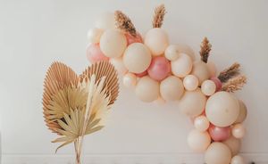 boho fans and pastel pink tan balloons photography backdrop background