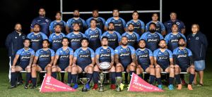 Rugby union team photo with trophies & pennants