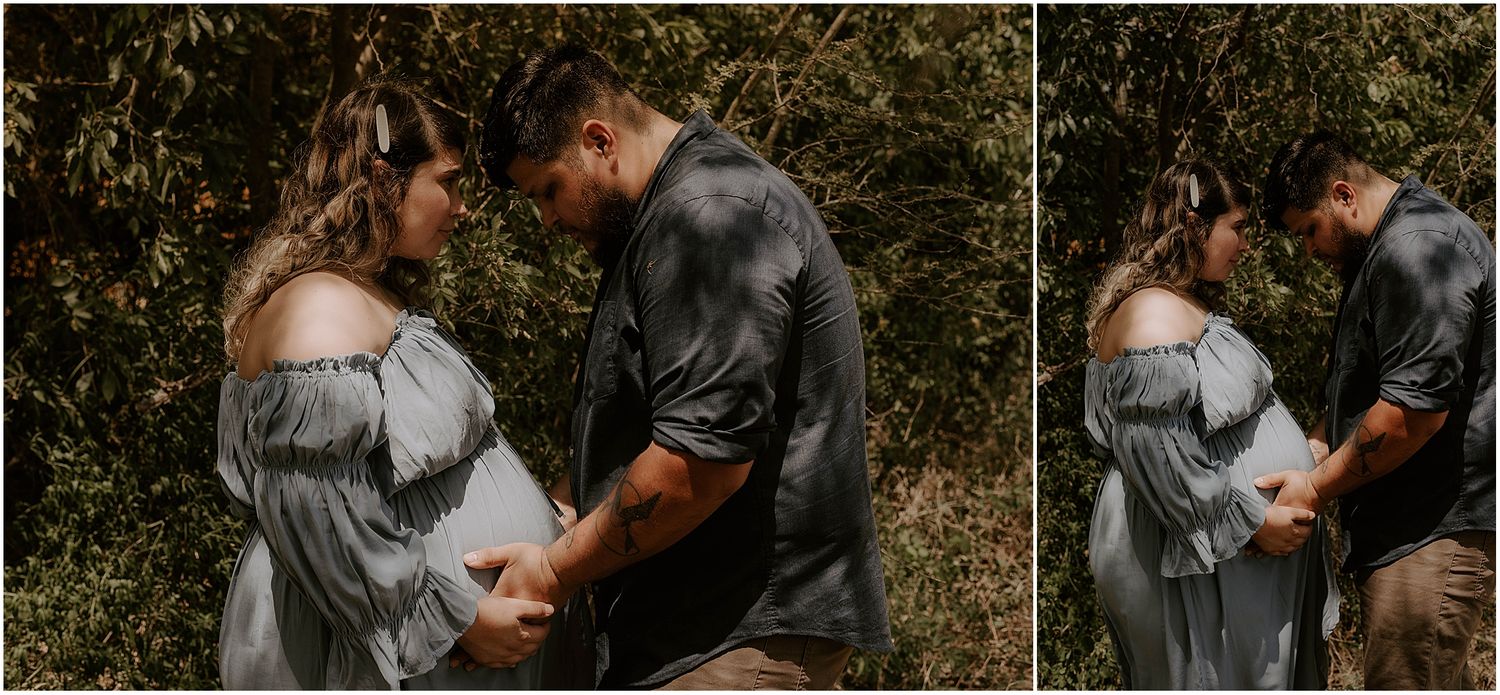 Split image showing intimate moments between expecting couple during outdoor photo session.