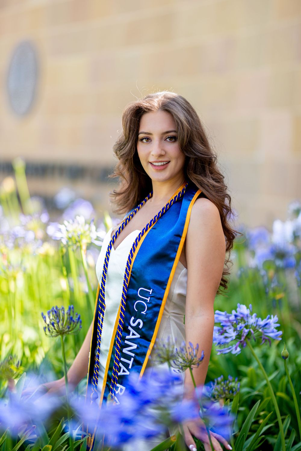 Graduate in blue sash poses among purple flowers during graduation photoshoot.