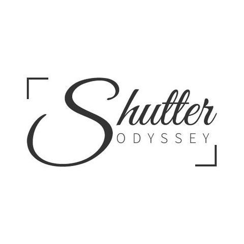 Black text logo design for Shutter Odyssey with camera frame elements.