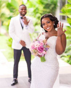 A series of bridal portraits featuring a beautiful white wedding dress and pink rose bouquet.